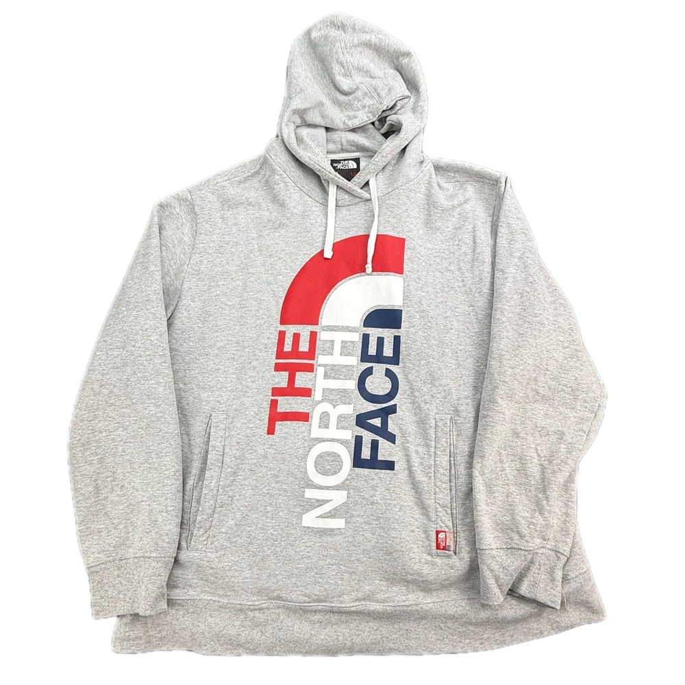 The North Face RU/14 Hoodie Mens XXL Gray Red White Blue Vertical‎ Logo Pullover